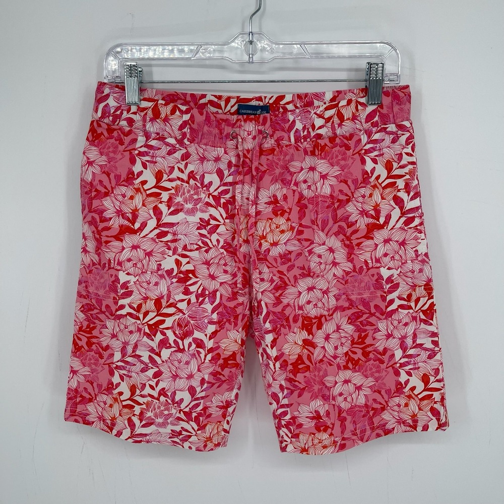Caribbean Joe Women's Pink Floral Stretch Beach Tropical Bermuda Shorts Size PS
